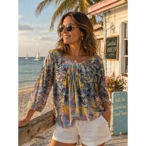 Soft Surroundings Women’s Blouse Size S Floral Boho Coastal Top 3/4 Sleeve